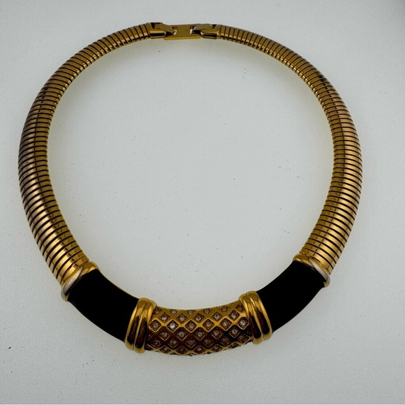Vintage 1980 Monet Gold and Black Enamel Statement Necklace with Rhinestone - Picture 2 of 11